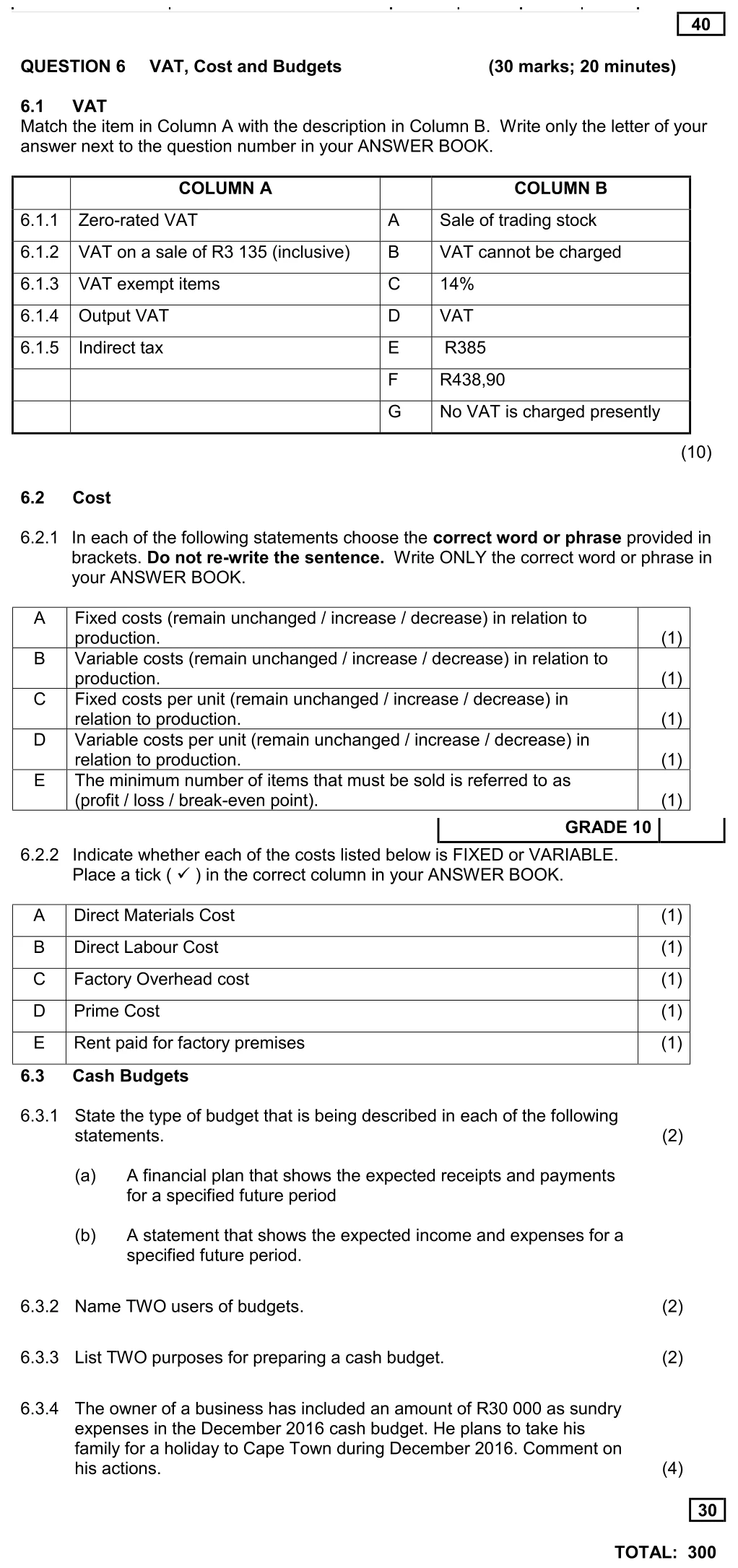 Grade 10 Accounting BUDGETING practice question