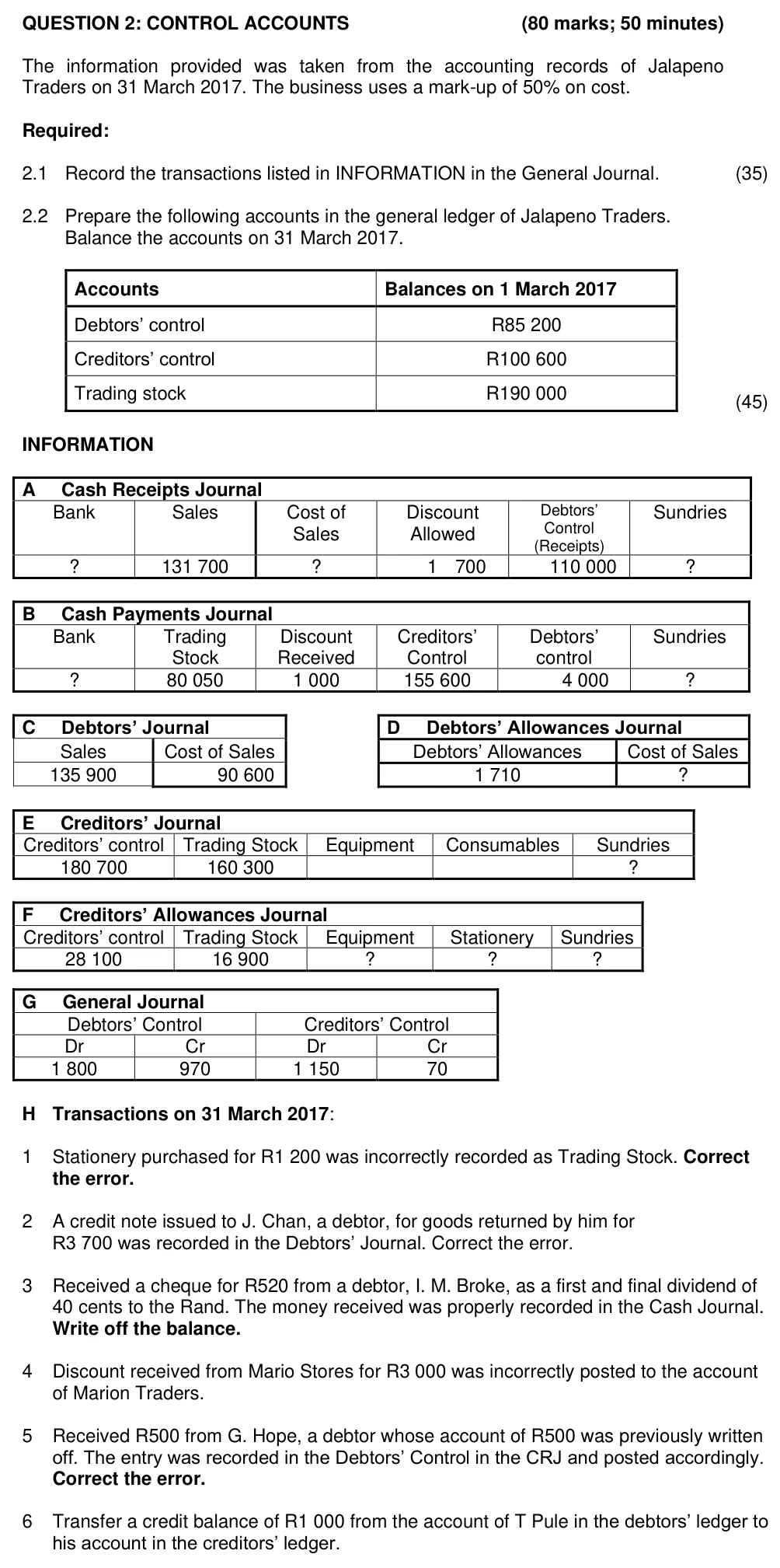 Grade 10 Accounting BOOKKEEPING OF A SOLE TRADER practice question