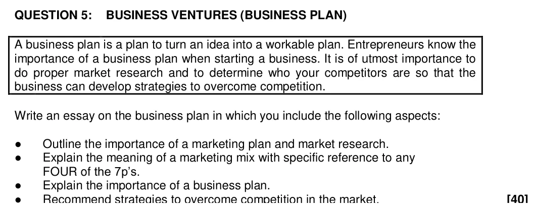 Grade 10 Business Studies Business Plan practice question