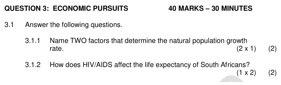 Grade 10 Economics Population & Labour Force practice question