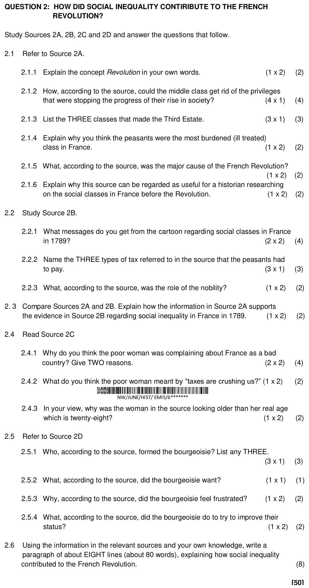 Grade 10 History The French Revolution practice question