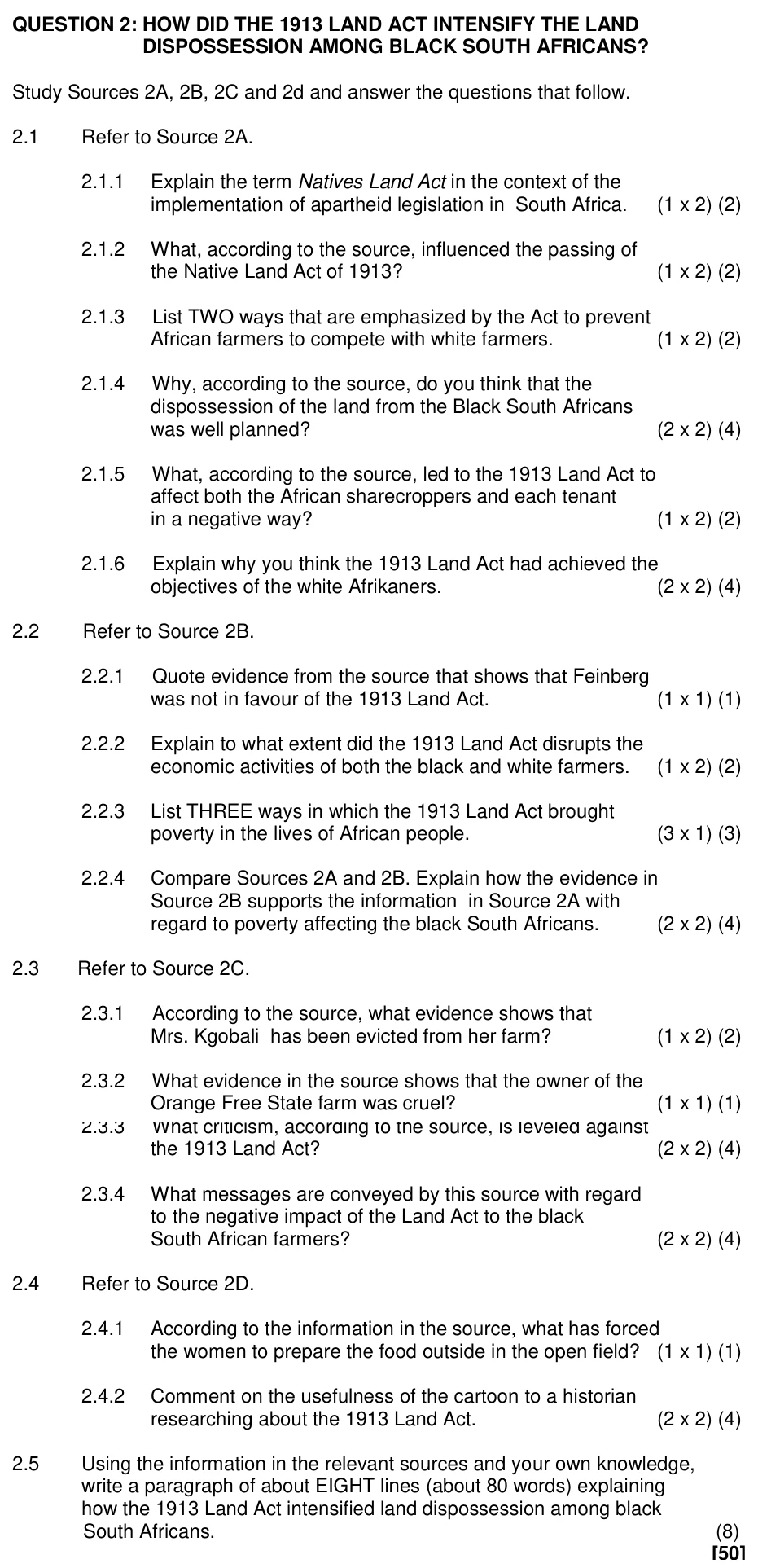 Grade 10 History The Native Land Act of 1913 practice question