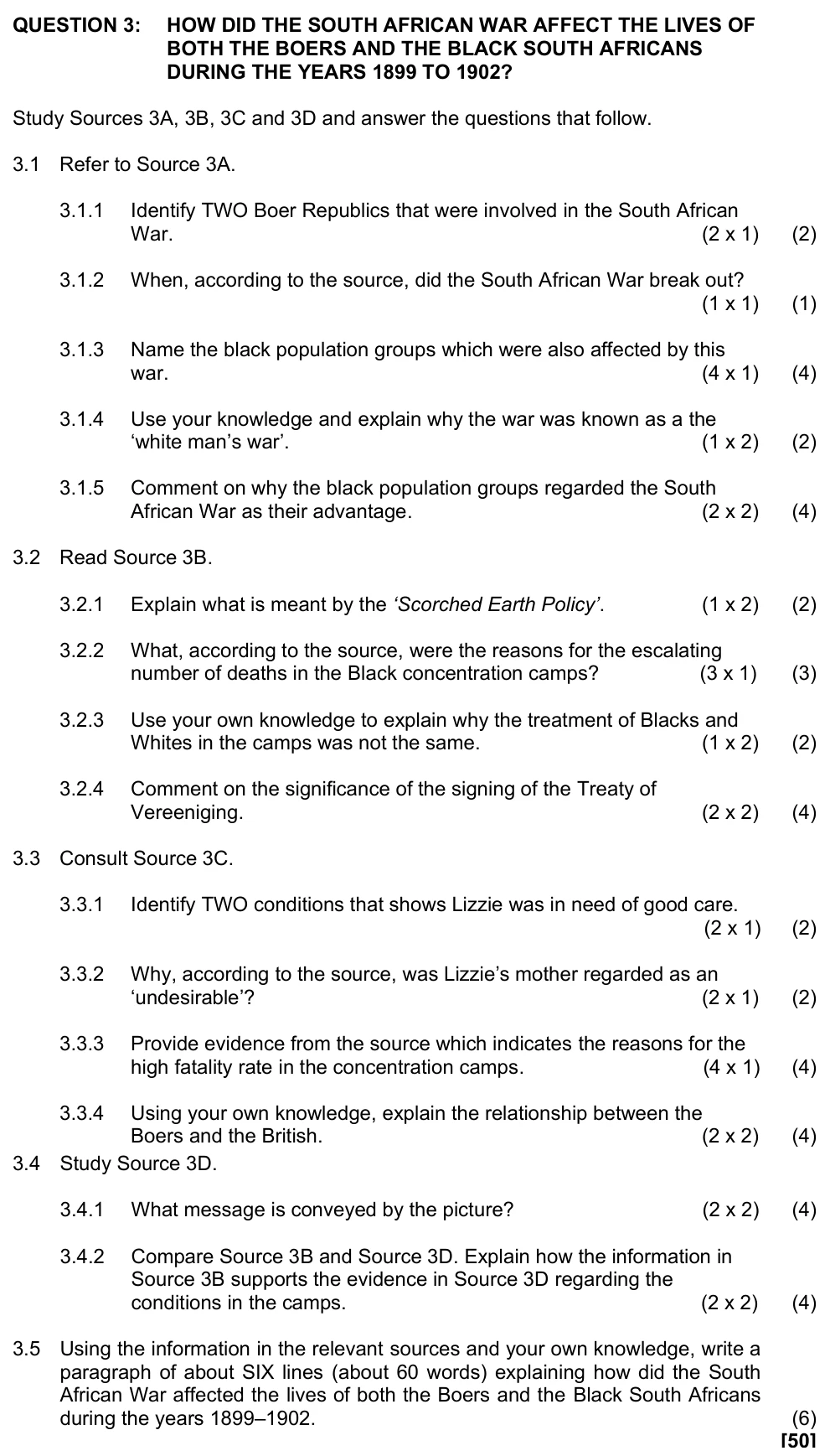 Grade 10 History The South African War and Union practice question