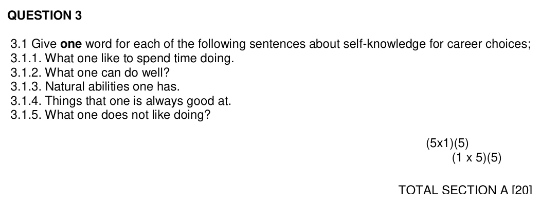 Grade 10 Life Orientation Careers and career choices practice question