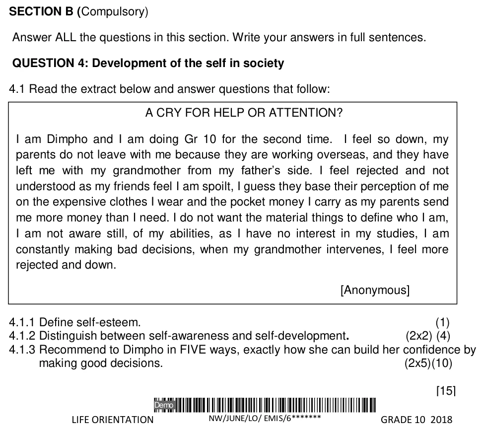 Grade 10 Life Orientation Development of the self in society practice question