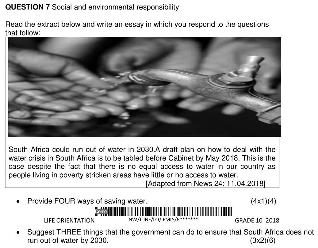 Grade 10 Life Orientation Social and environmental responsibility practice question