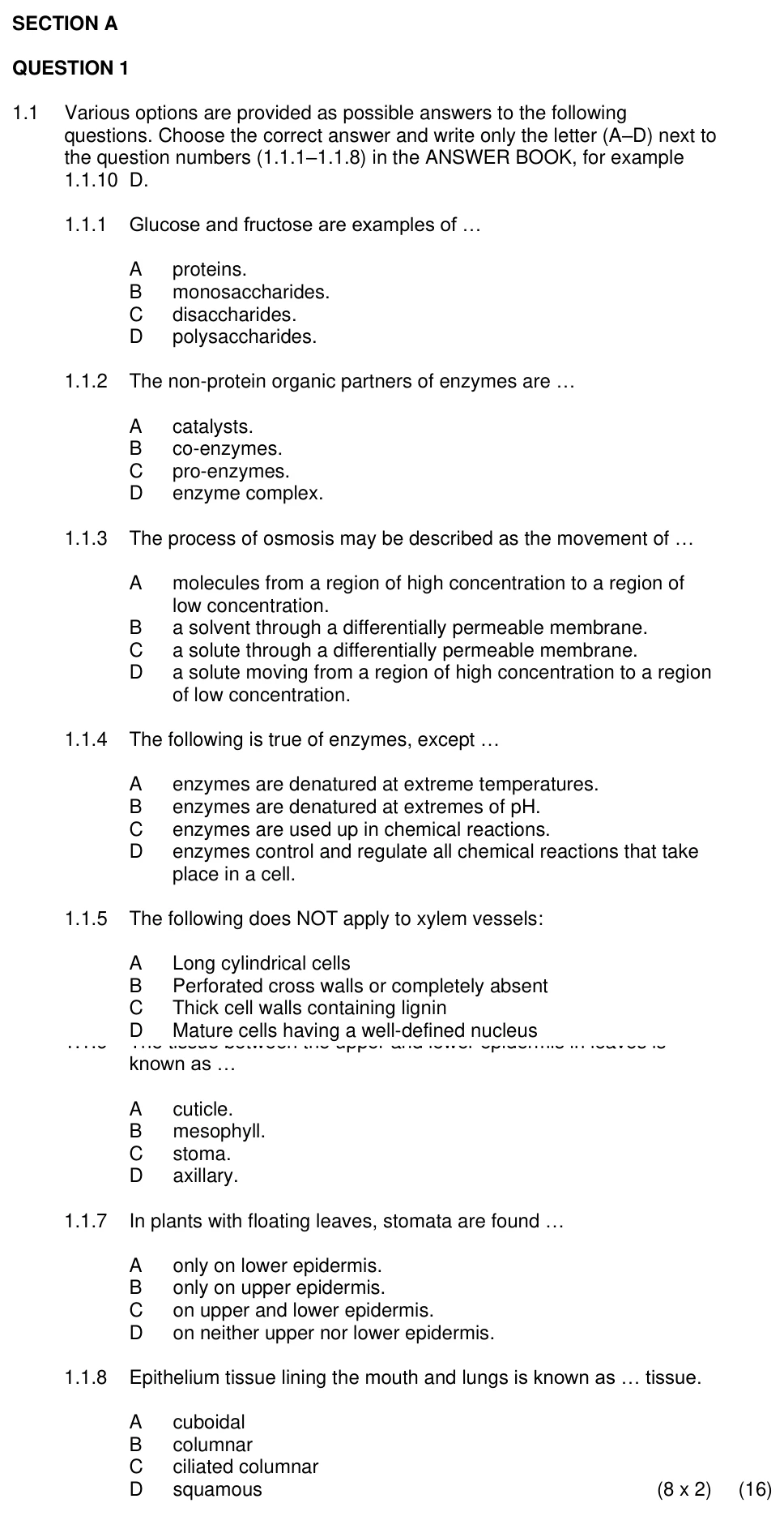 Grade 10 Life Sciences Chemistry of life practice question