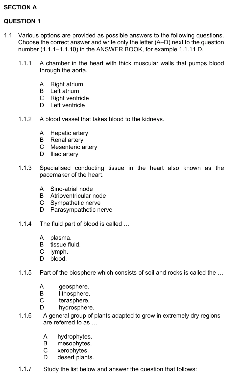 Grade 10 Life Sciences Transport systems in mammals practice question