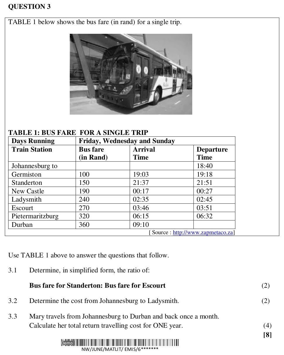 Grade 10 Mathematical Literacy NUMBERS AND CALCULATIONS WITH NUMBERS practice question