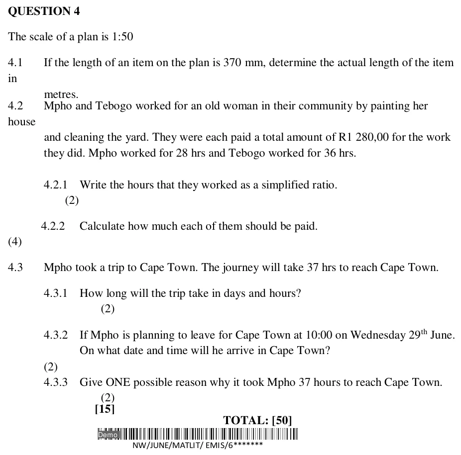 Grade 10 Mathematical Literacy MAPS, PLANS & OTHER REPRESENTATIONS practice question