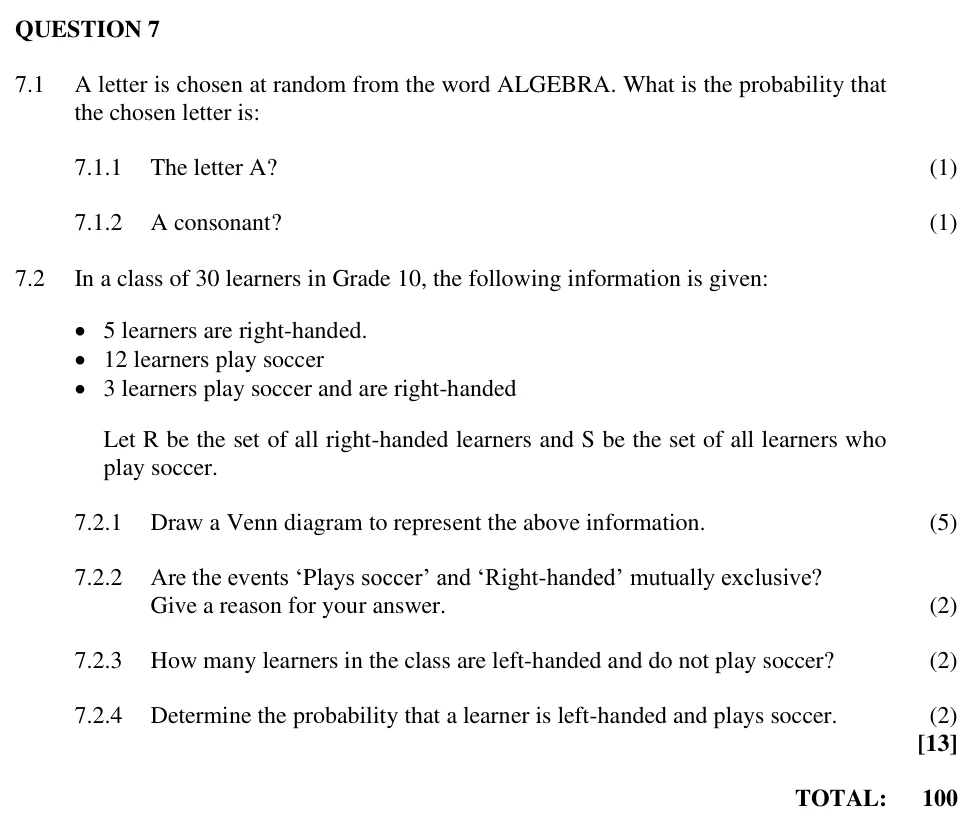 Grade 10 Mathematics Probability practice question