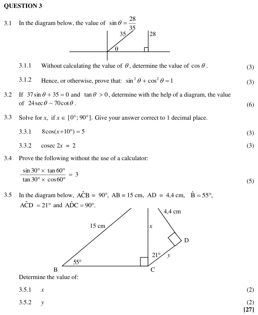 Grade 10 Mathematics Trigonometry practice question