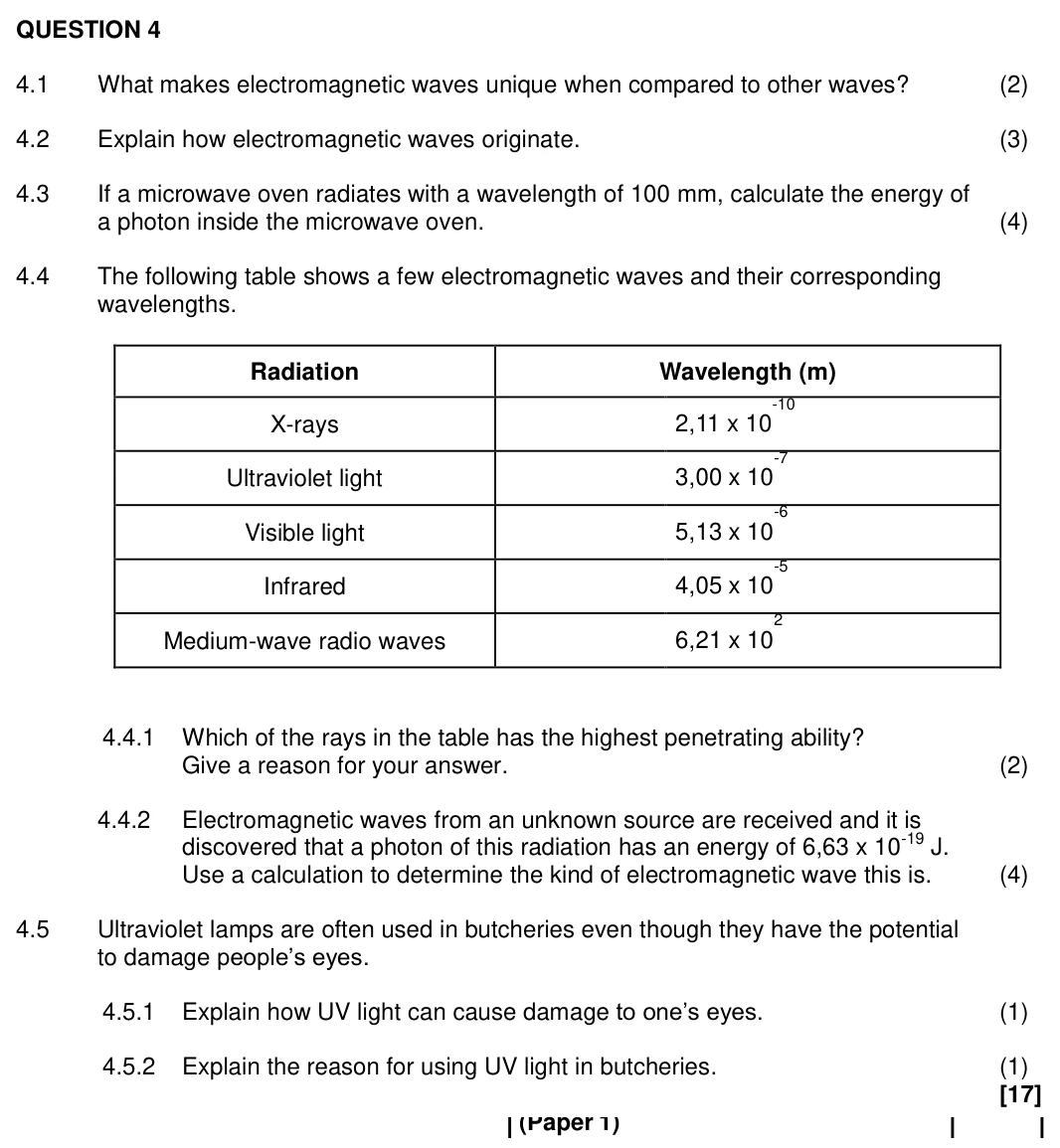 Grade 10 Physical Sciences Electromagnetic radiation practice question