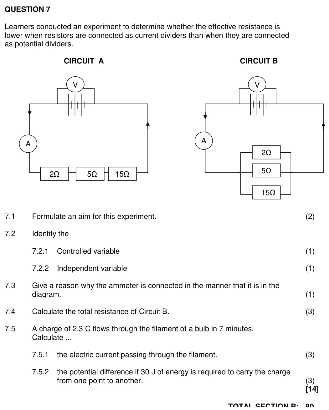 Grade 10 Physical Sciences Electric circuits practice question