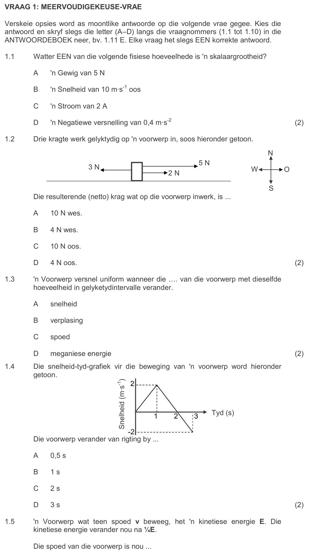 Grade 10 Physical Sciences Vectors and scalars practice question