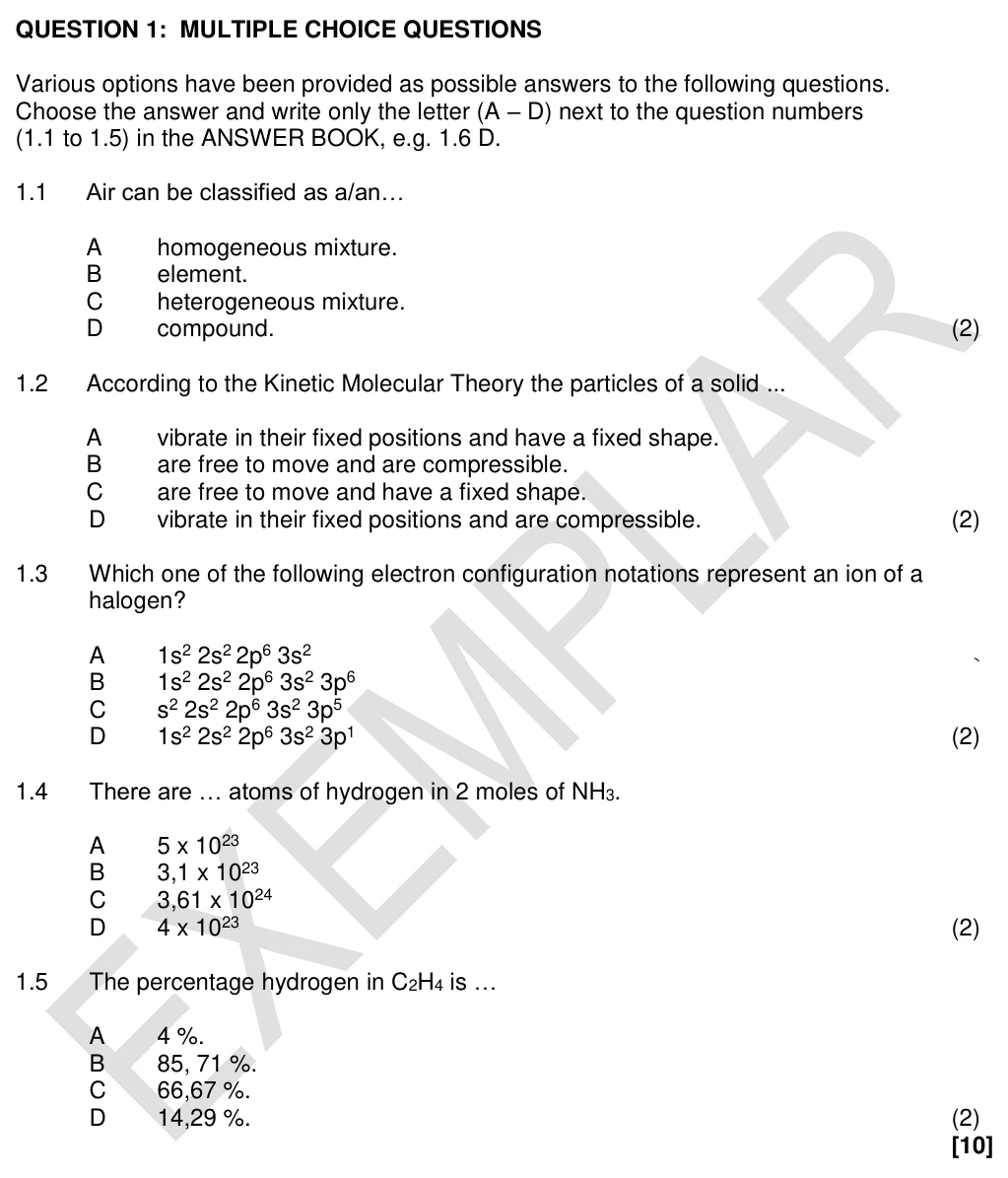 Grade 10 Physical Sciences States of matter and the kinetic molecular theory practice question