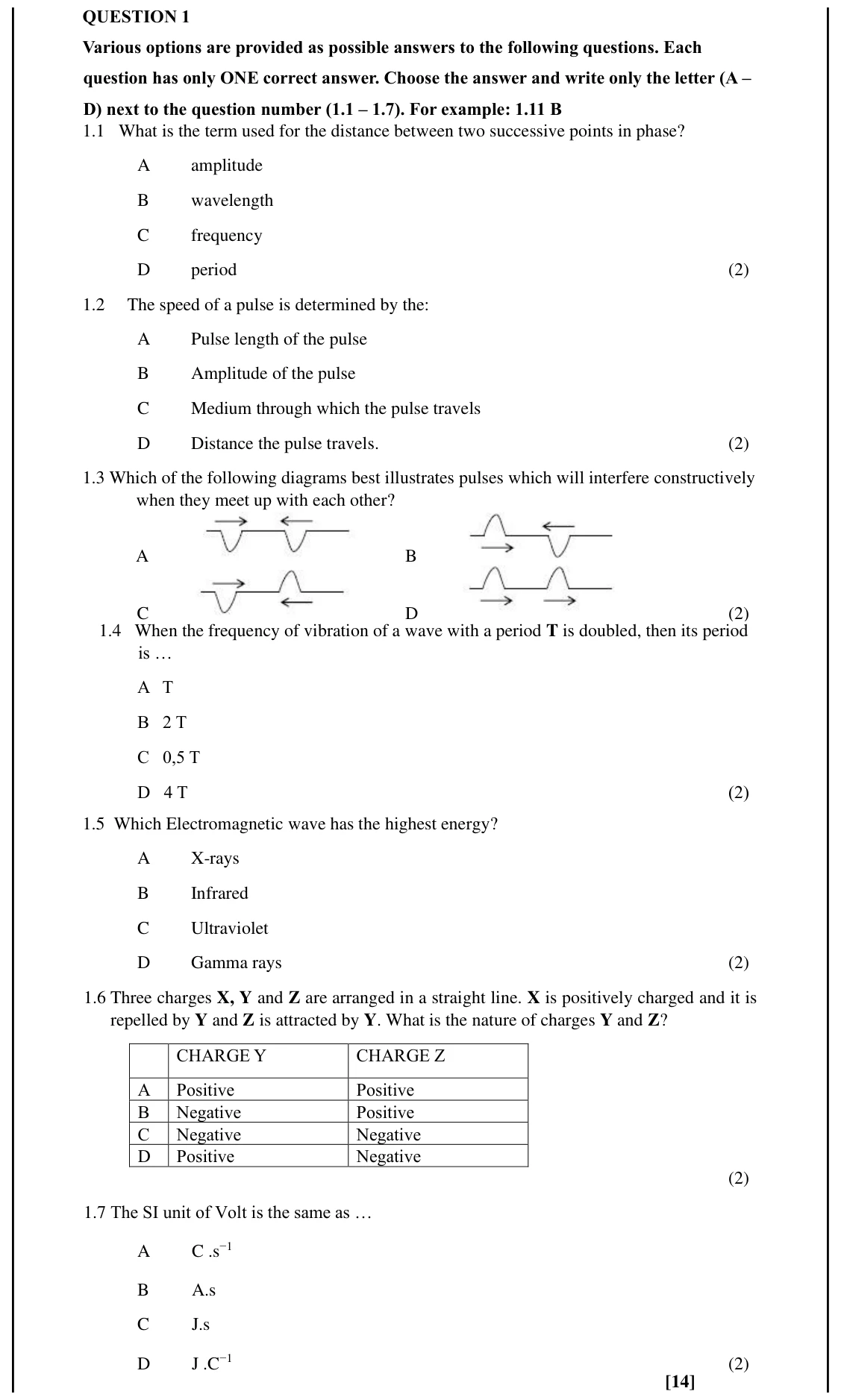Grade 10 Physical Sciences Transverse pulses and waves practice question