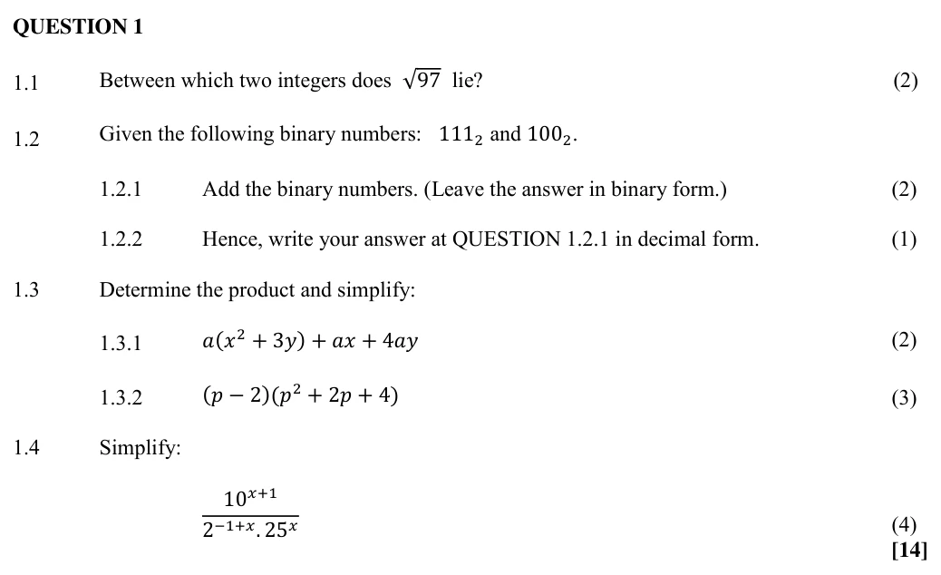 Grade 10 Technical Mathematics Number systems practice question