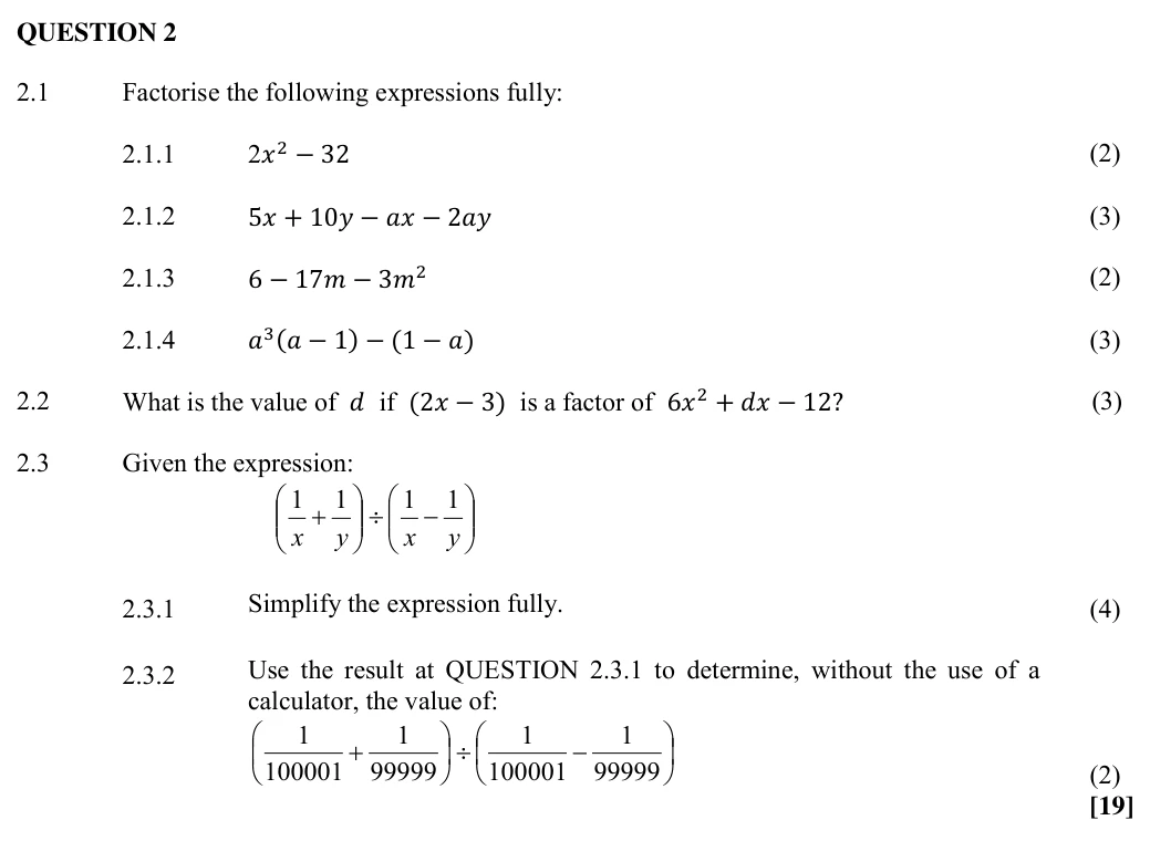 Grade 10 Technical Mathematics Algebraic expressions practice question