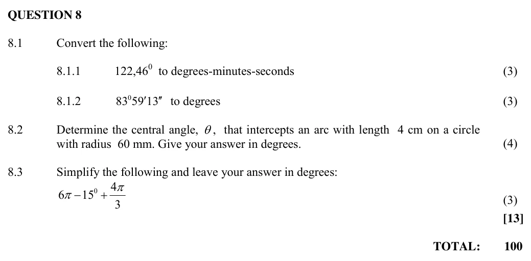 Grade 10 Technical Mathematics Circles, angles and angular movement practice question
