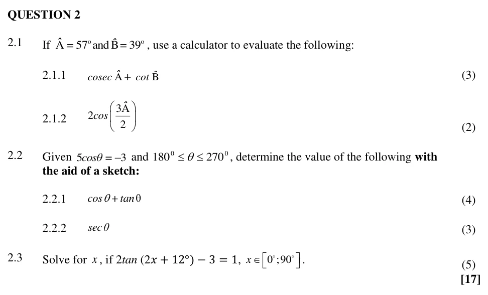 Grade 10 Technical Mathematics Trigonometry practice question