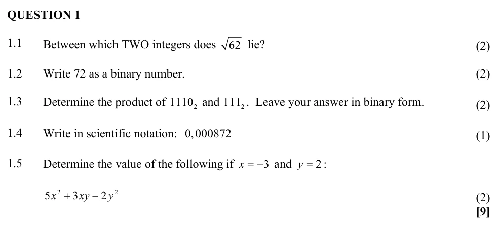 Grade 10 Technical Mathematics Number systems practice question