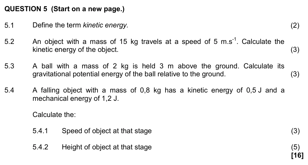 Grade 10 Technical Sciences Energy practice question