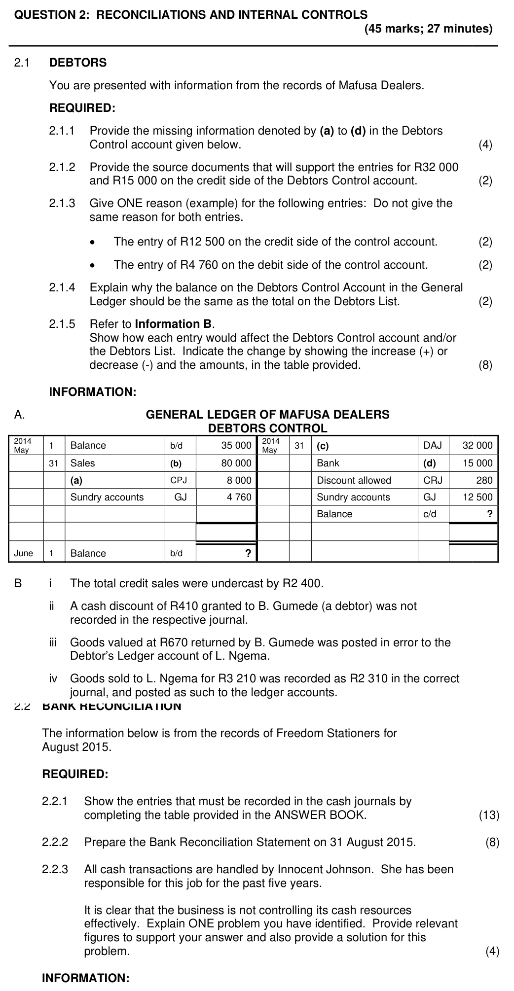 Grade 11 Accounting RECONCILIATION practice question