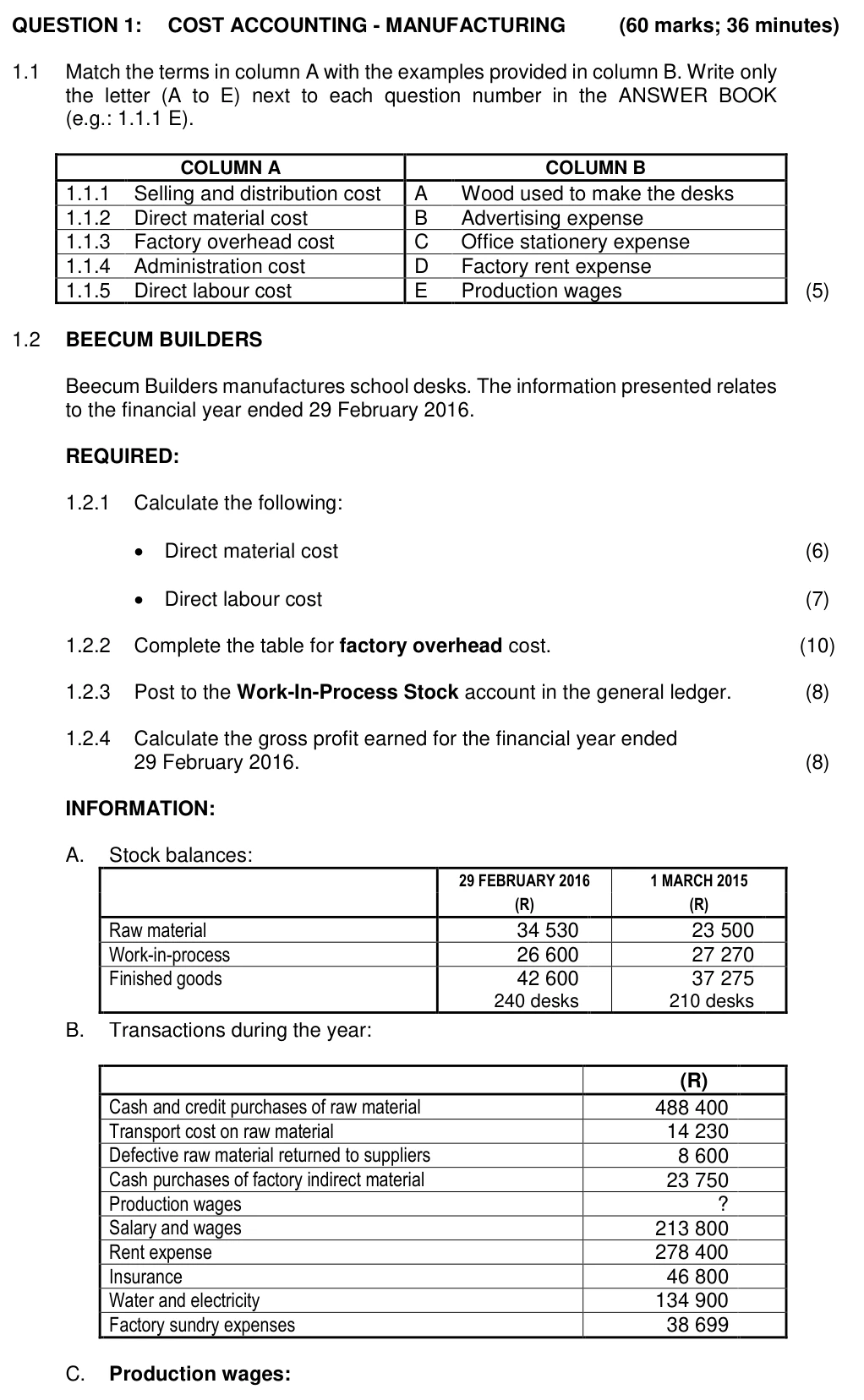 Grade 11 Accounting COST ACCOUNTING practice question