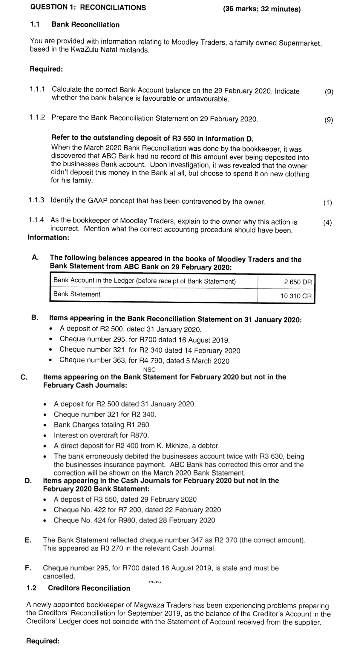 Grade 11 Accounting RECONCILIATION practice question