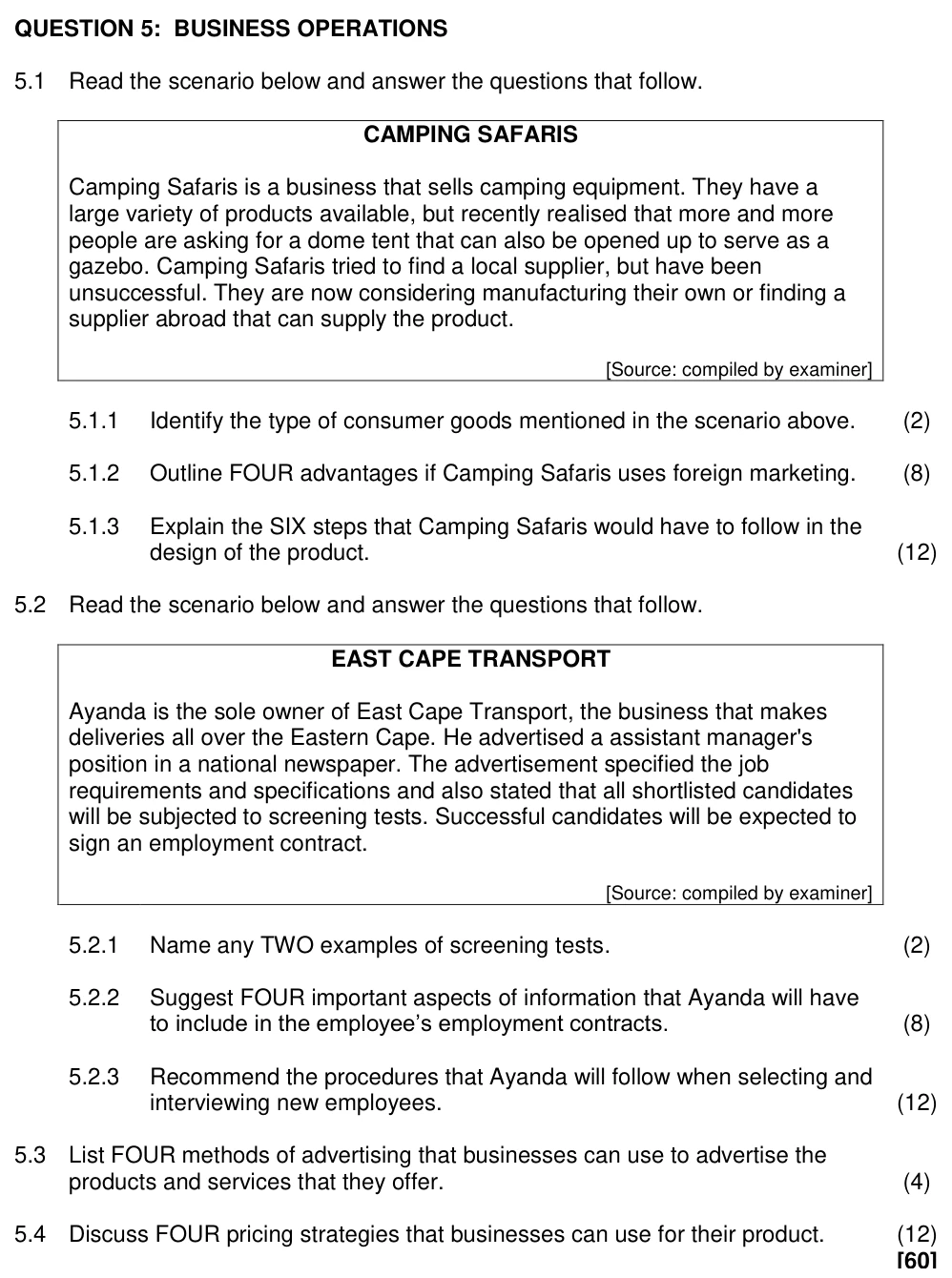 Grade 11 Business Studies Production Function practice question