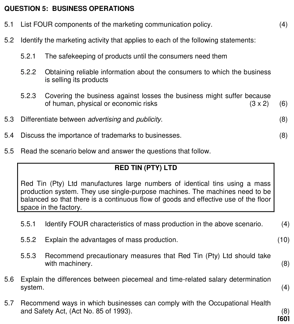 Grade 11 Business Studies Marketing Function practice question