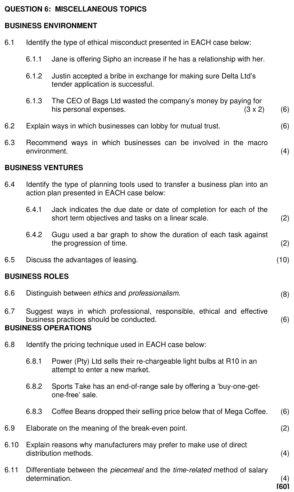 Grade 11 Business Studies Professionalism & Ethics practice question