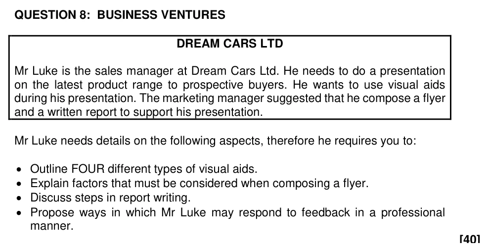Grade 11 Business Studies Presentation of Business Information practice question