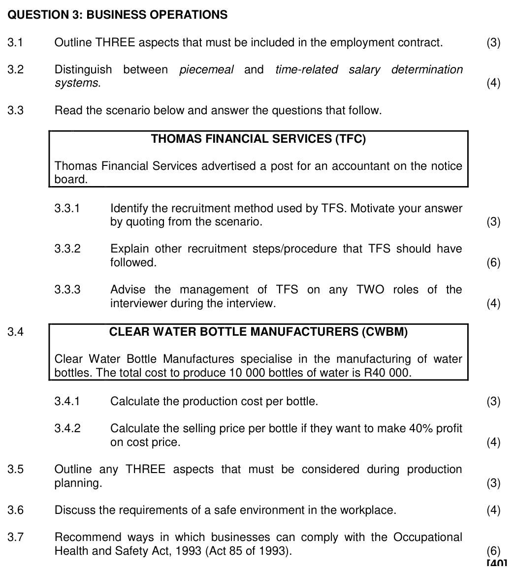 Grade 11 Business Studies Human Resources Function practice question