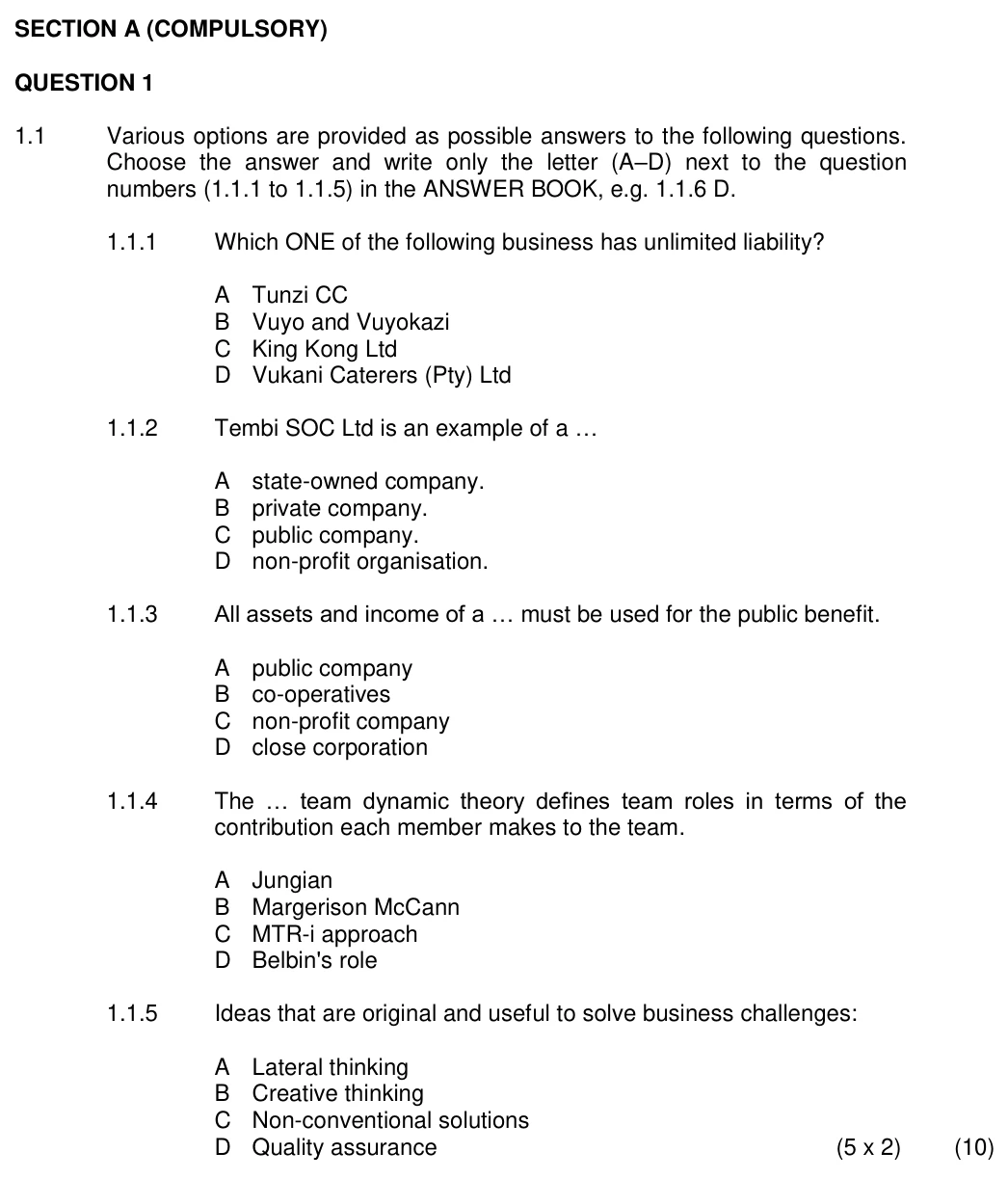 Grade 11 Business Studies Forms of Ownership & Companies practice question