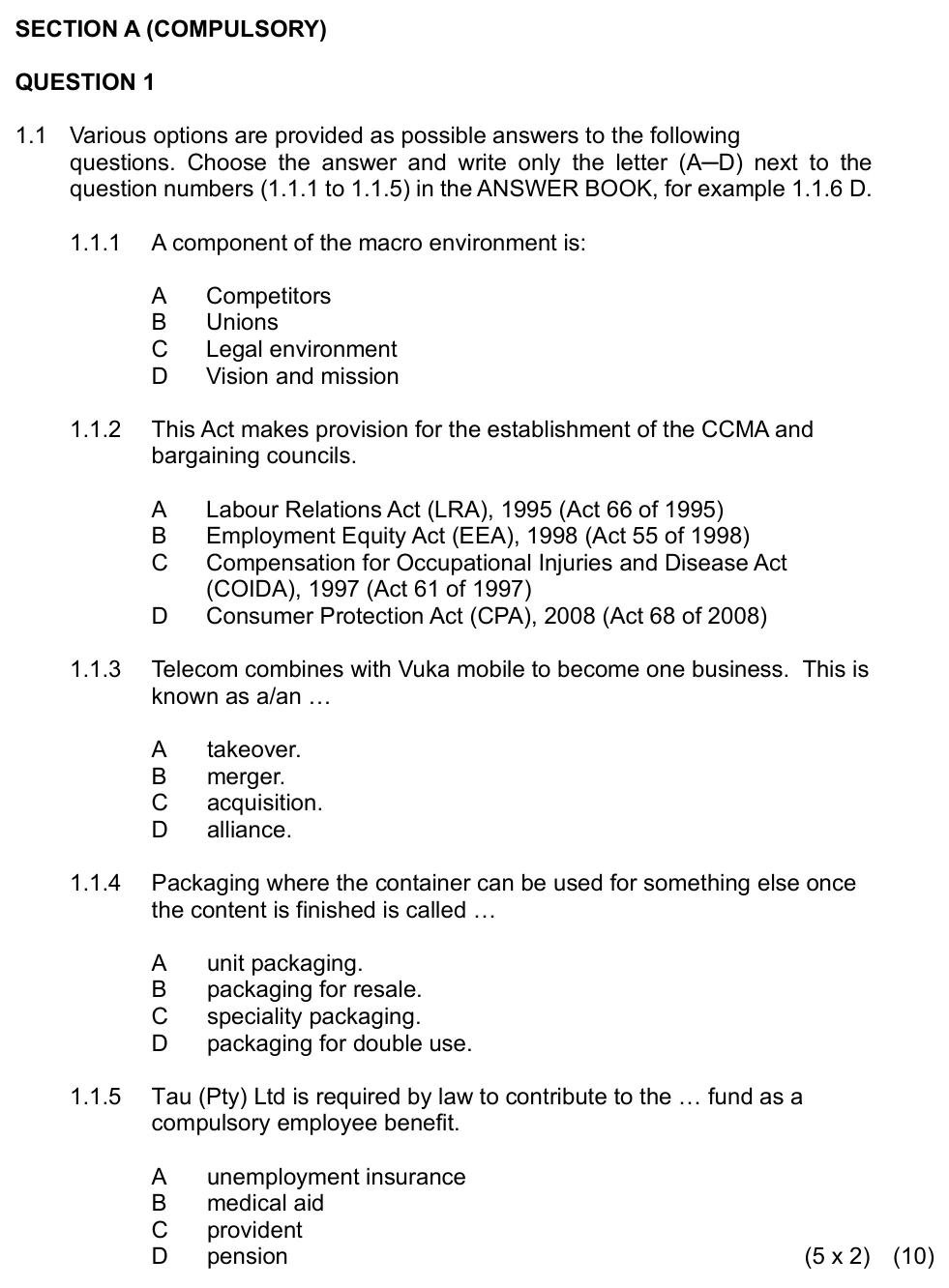 Grade 11 Business Studies Business Environments practice question