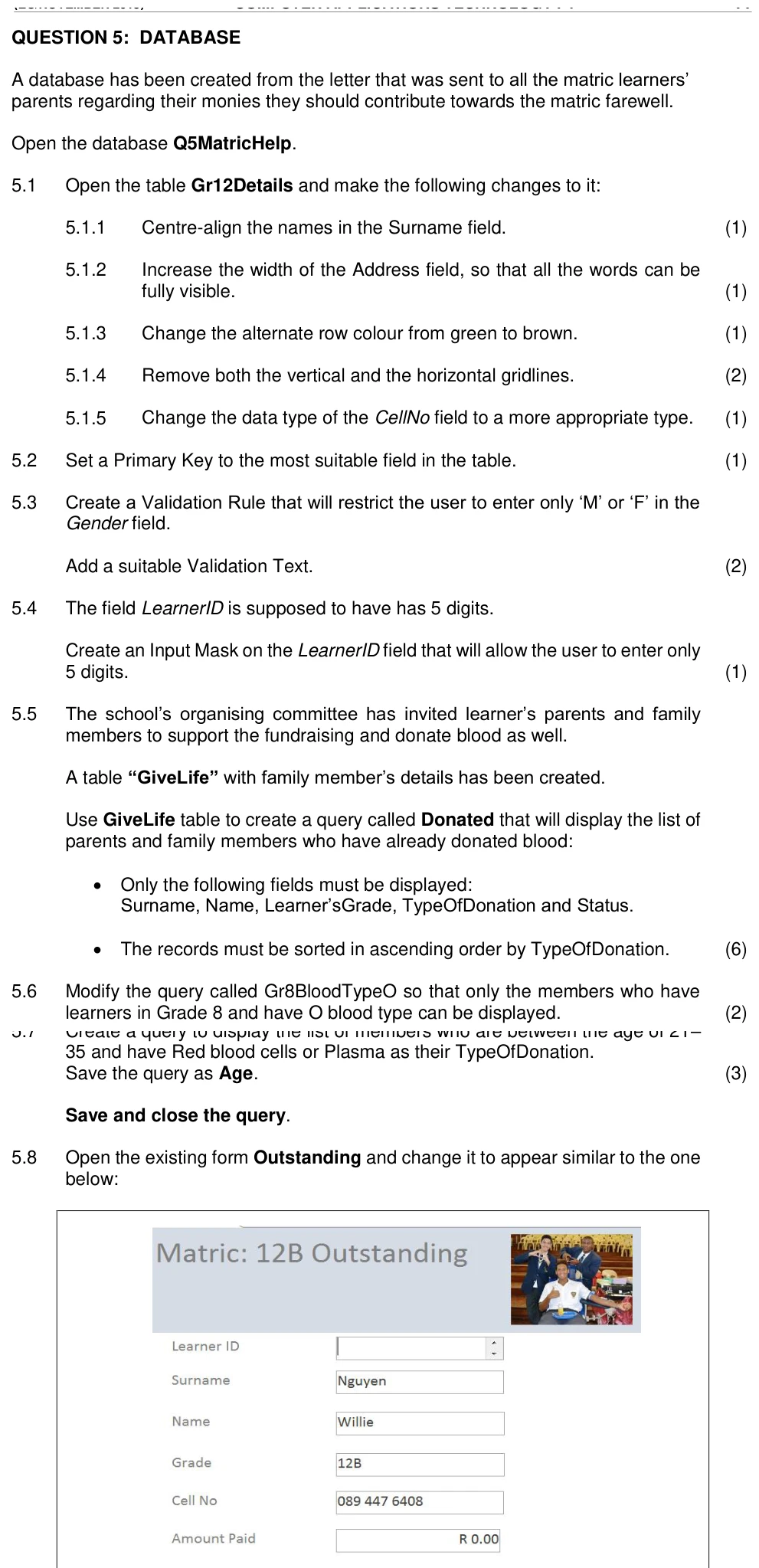 Grade 11 Computer Applications Technology Database practice question