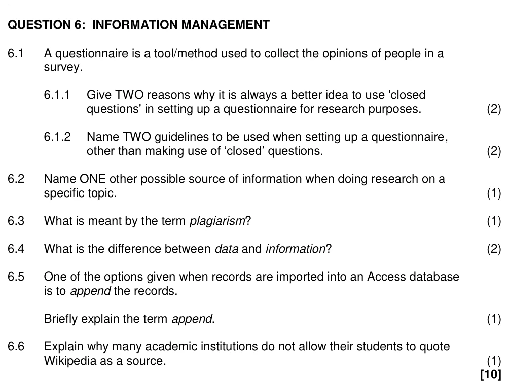 Grade 11 Computer Applications Technology Information Management practice question