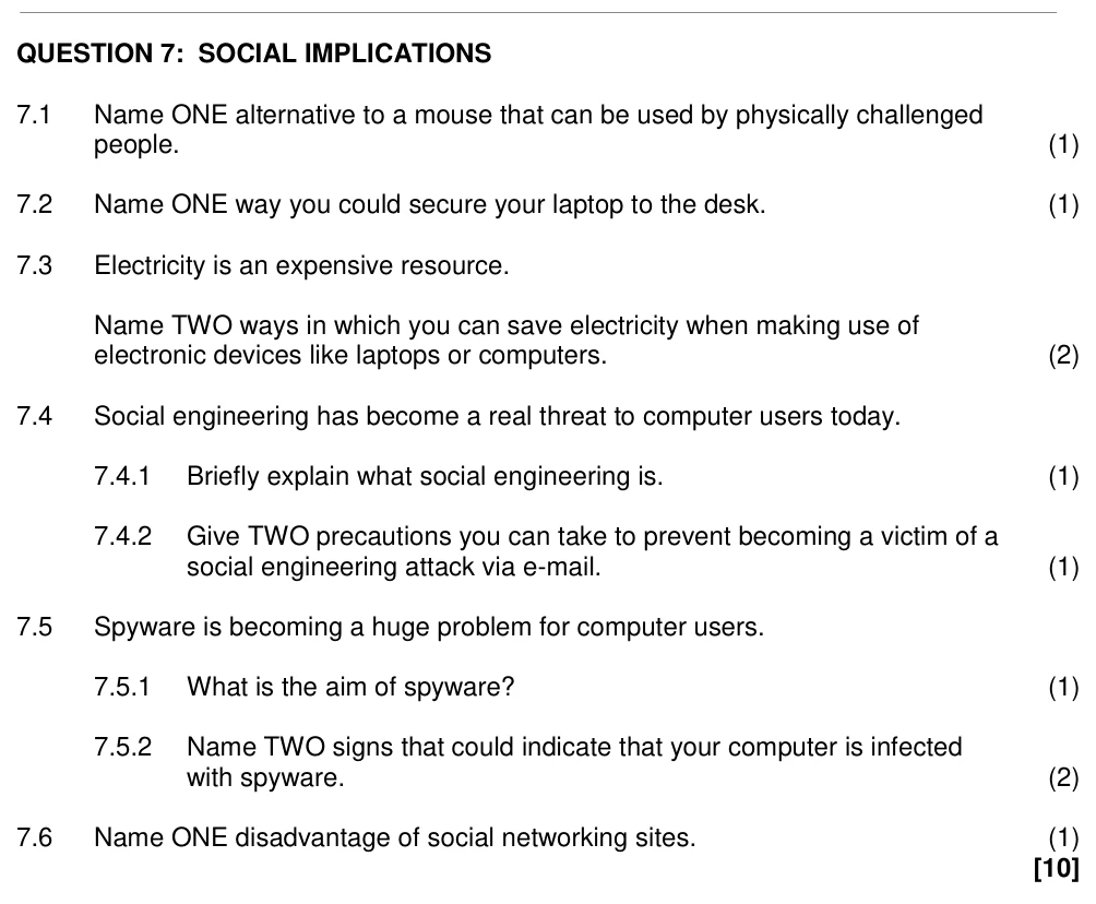 Grade 11 Computer Applications Technology Social Implications practice question