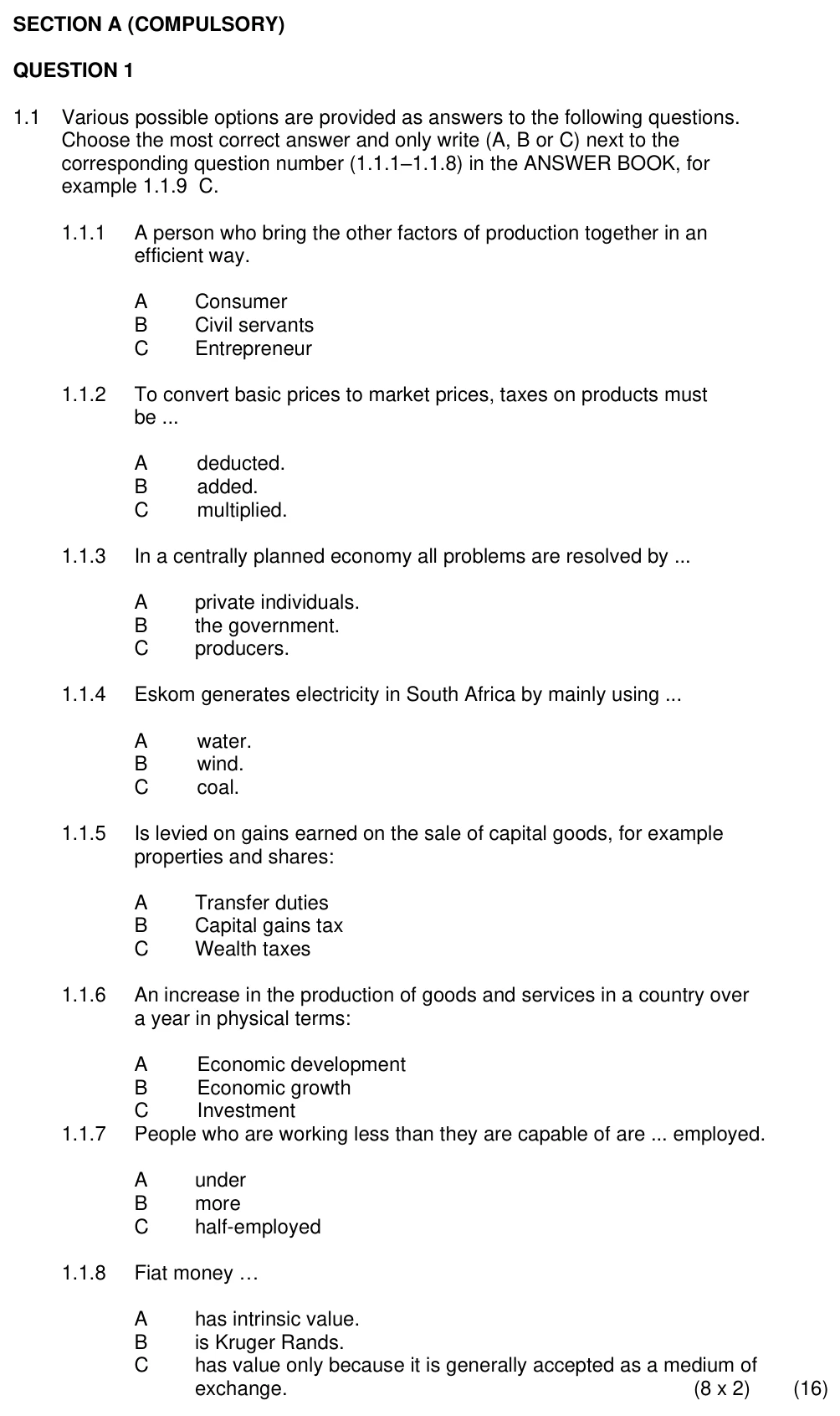 Grade 11 Economics Factors of Production practice question