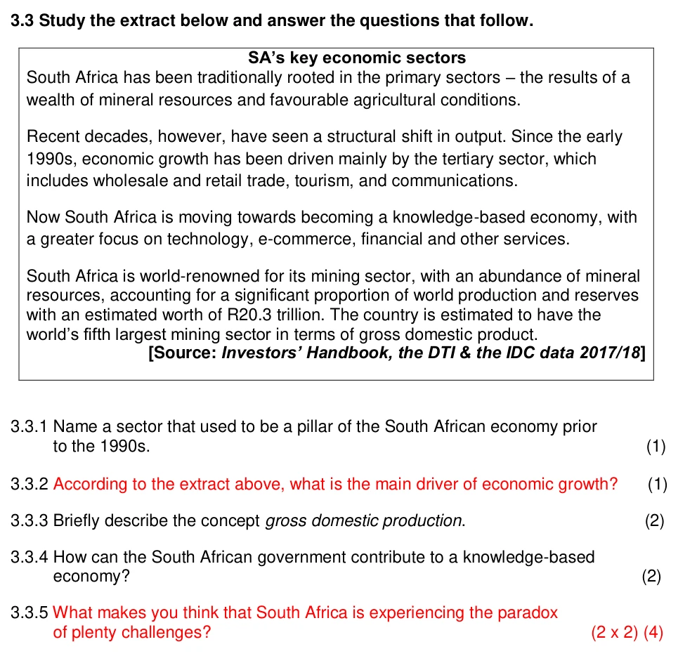 Grade 11 Economics Economic Structure of South Africa practice question