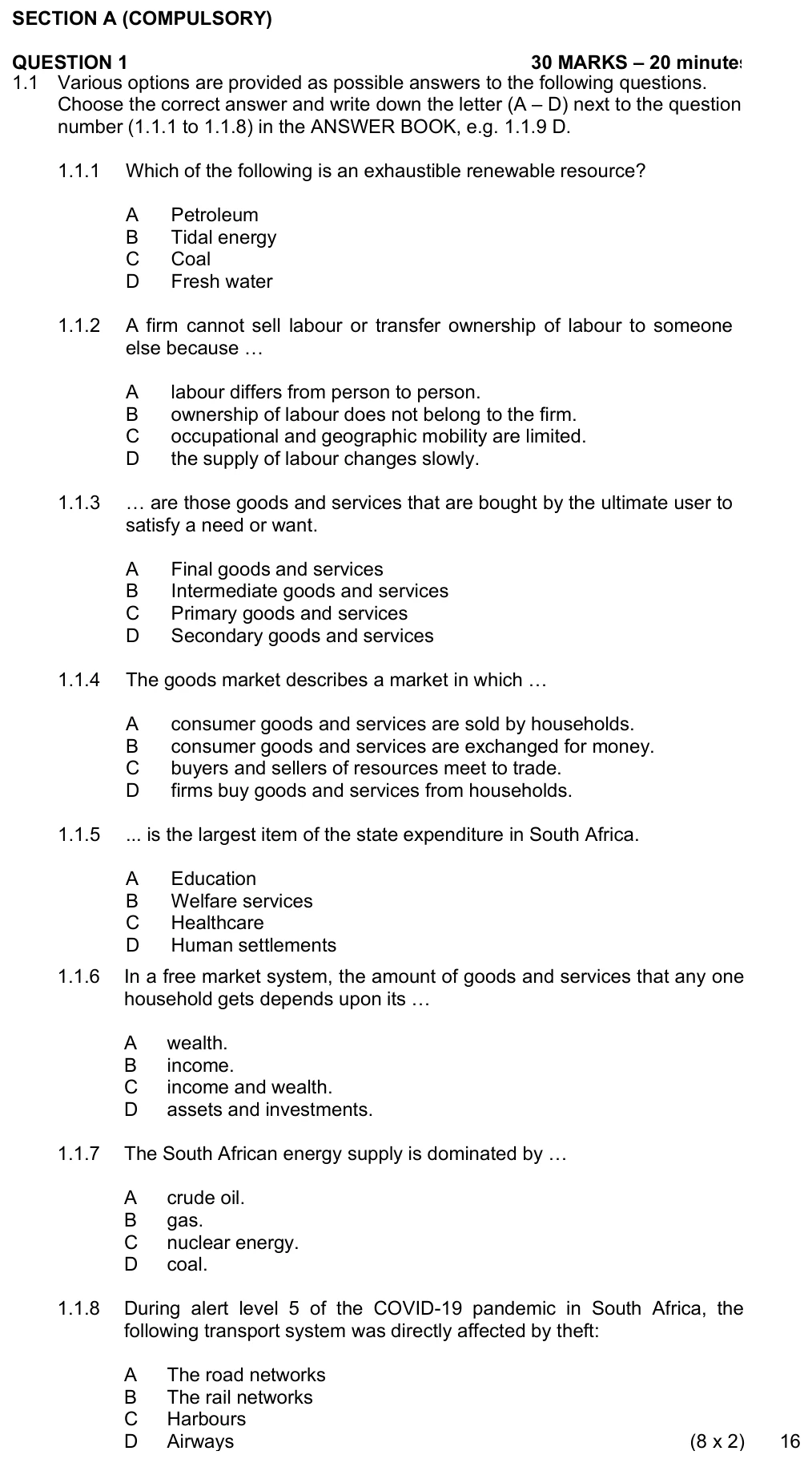 Grade 11 Economics Factors of Production practice question