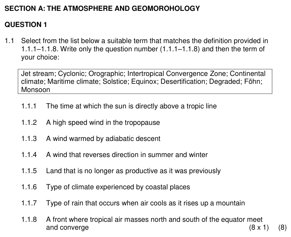 Grade 11 Geography The Atmosphere practice question