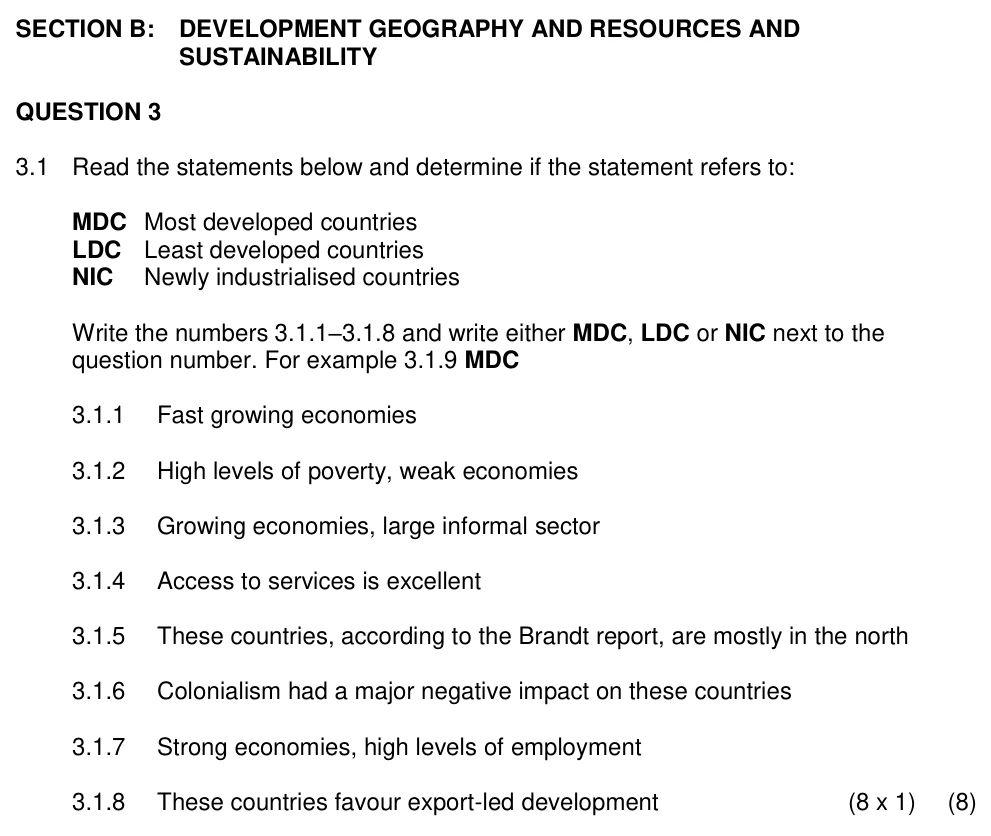 Grade 11 Geography Development geography practice question