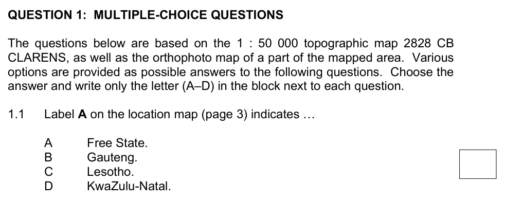 Grade 11 Geography Mapwork practice question