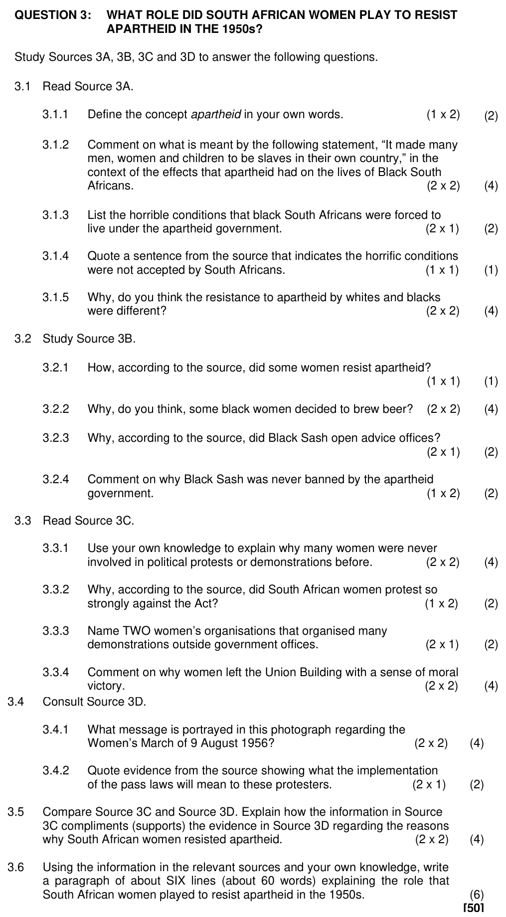 Grade 11 History Apartheid South Africa practice question