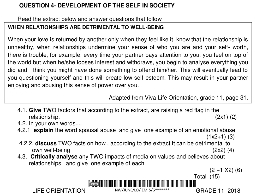 Grade 11 Life Orientation Development of the Self in Society practice question