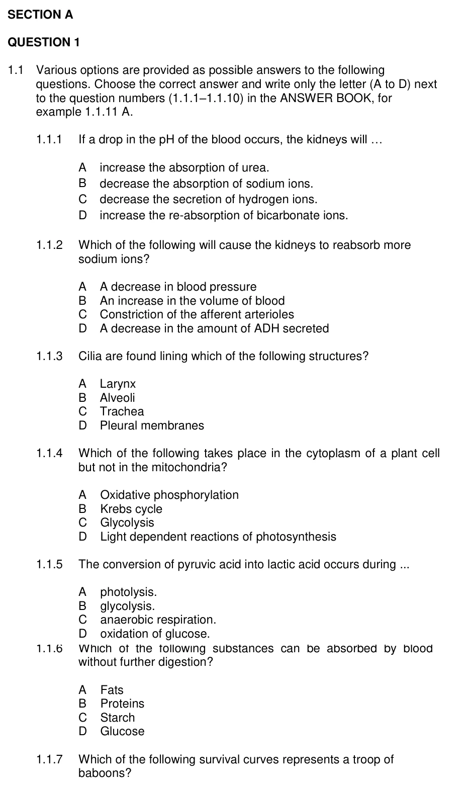 Grade 11 Life Sciences Excretion practice question