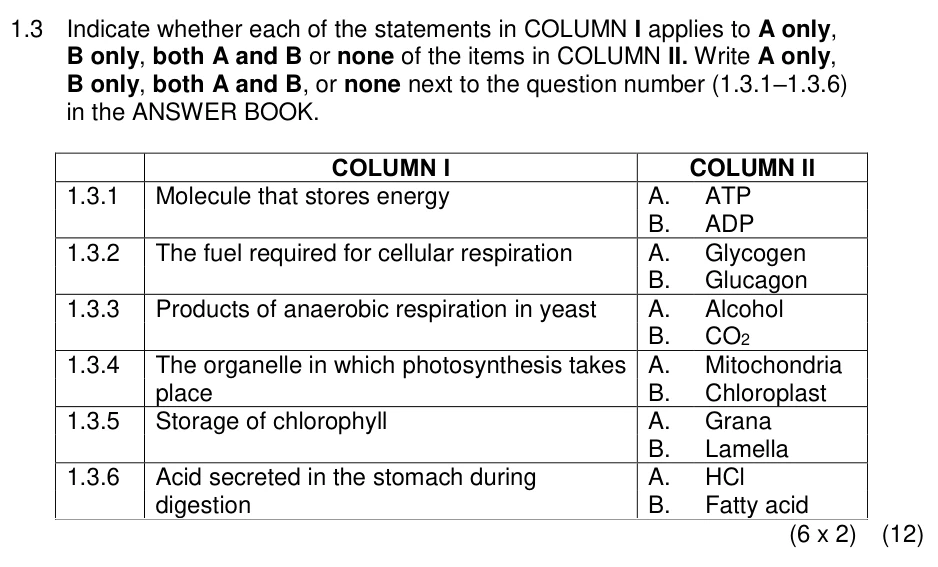 Grade 11 Life Sciences Respiration practice question